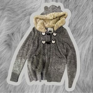 Kawaii Grey Bear Ear Faux Fur Hooded Knit Toggle Cardigan